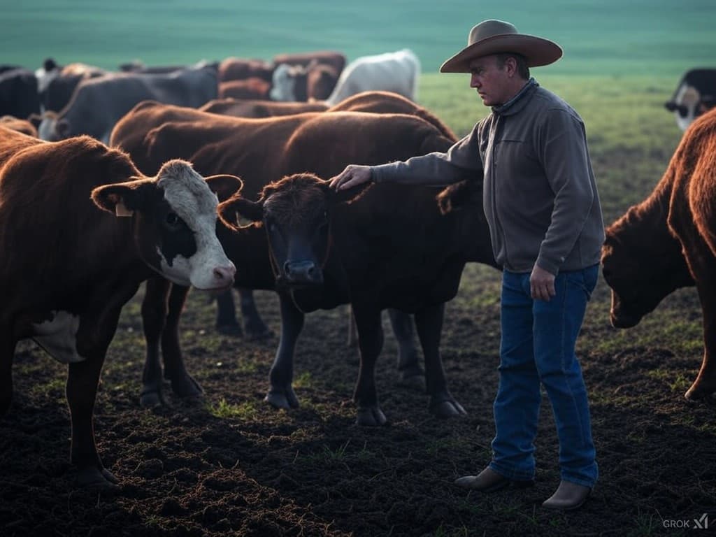 Farmer with cattle in the field